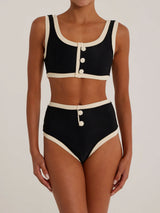 Bikini-Set mit Kontrastbesatz, Knöpfen, hoher Taille und luxuriösem Rippenmuster