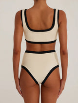 Bikini-Set mit Kontrastbesatz, Knöpfen, hoher Taille und luxuriösem Rippenmuster