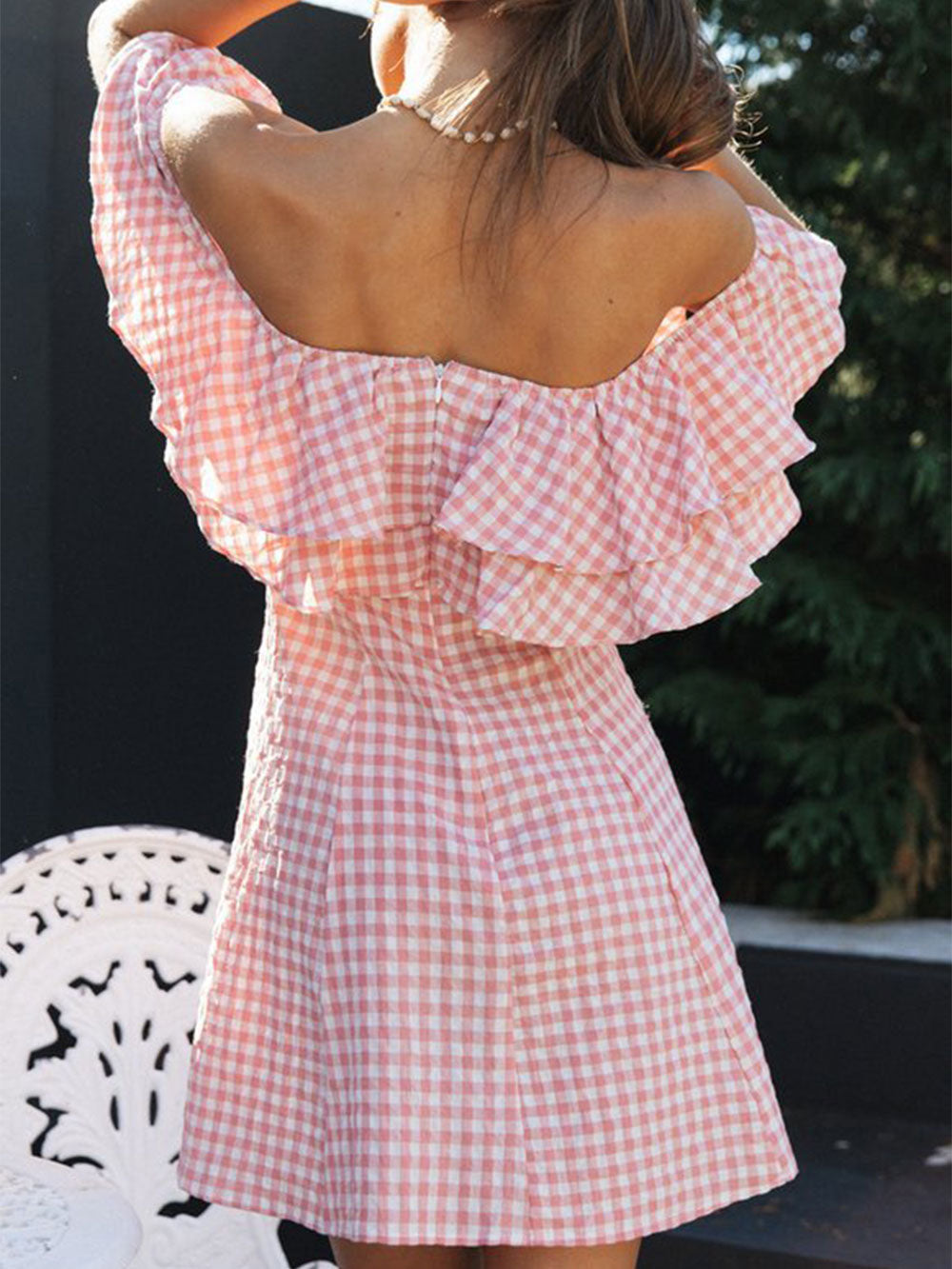 Süßes, mehrlagiges Rüschen-Off-Shoulder A-Linien Resort Gingham Minikleid