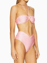 Cute Scrunch High Waist Pearl Trim Halter Two Piece Bikini Set