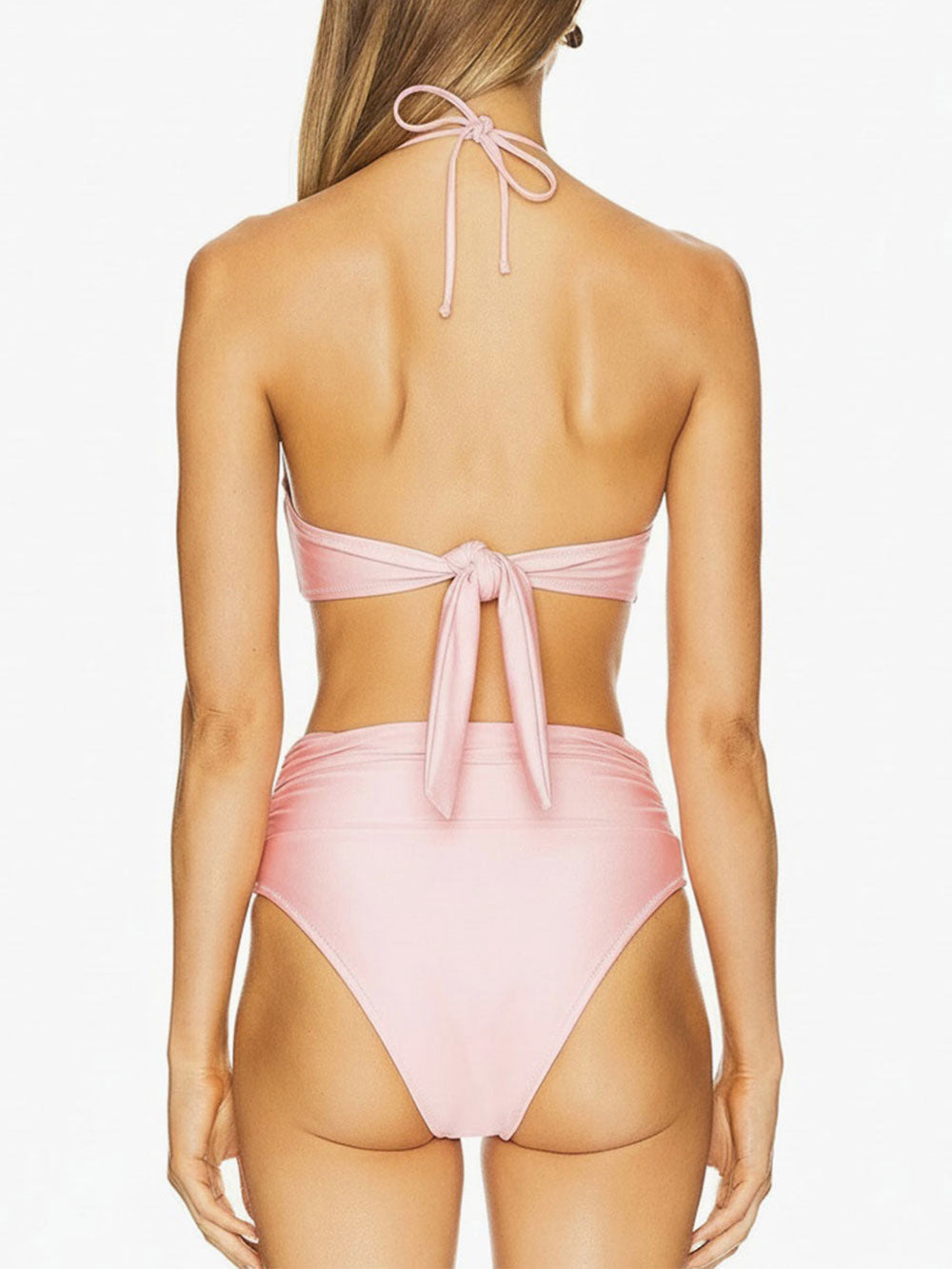 Cute Scrunch High Waist Pearl Trim Halter Two Piece Bikini Set