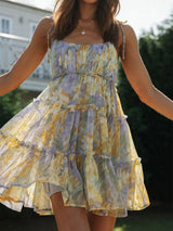 Cute Tie Shoulder Floral Resort Tiered Babydoll Slip Mini Dress