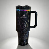 Stanley 40oz insulated tumbler featuring cute black bear illustrations, paw prints and floral accents