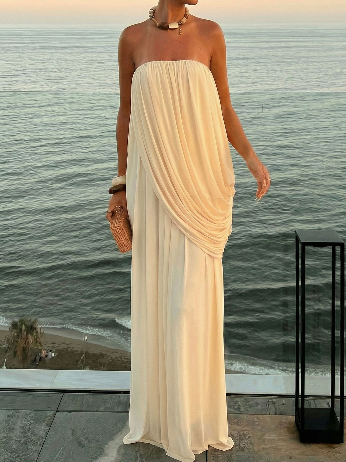 Goddess Tube Top Gerafftes drapiertes Chiffon Resort Trägerloses Maxikleid