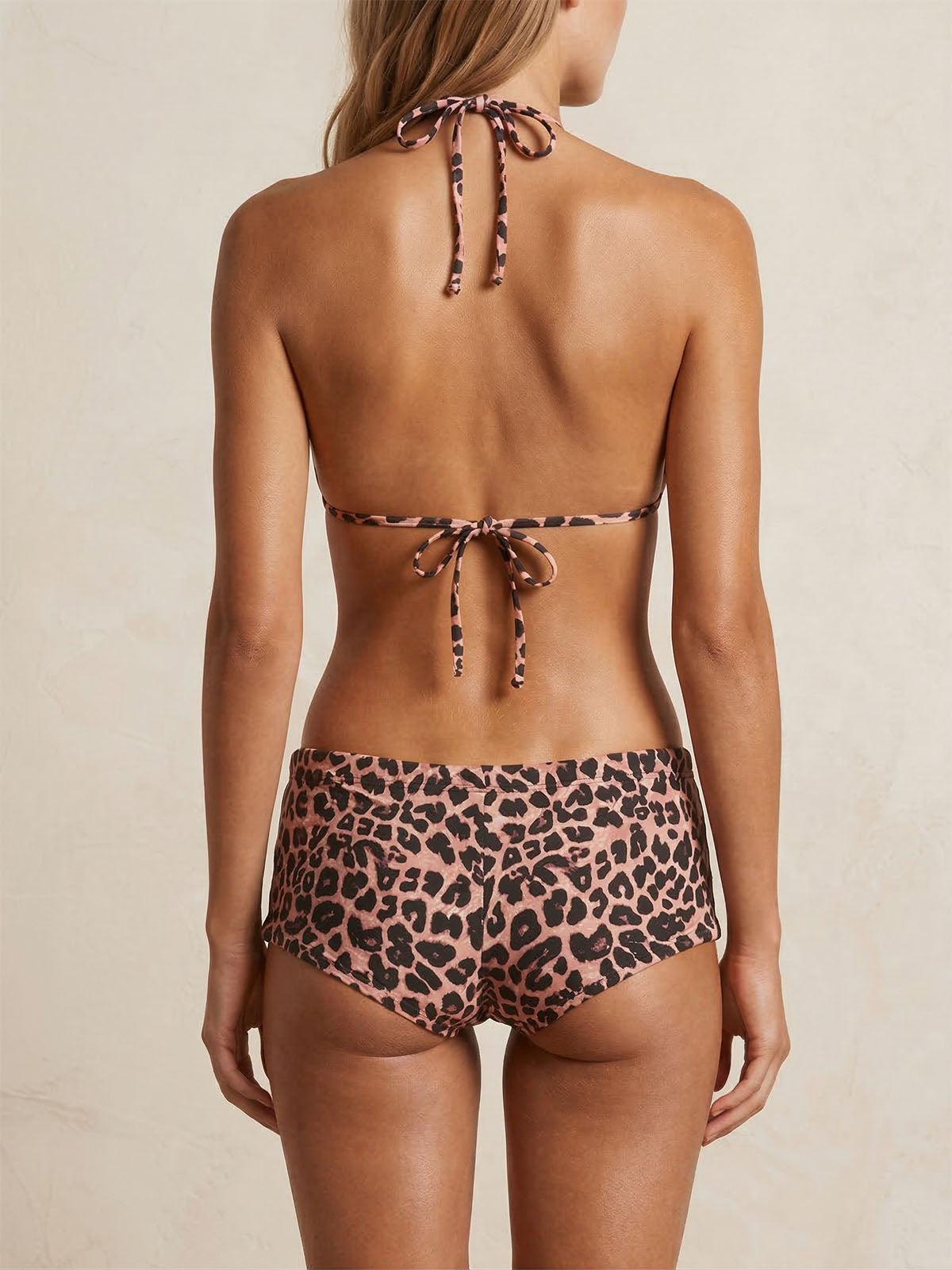 Leopard Print Short Bow Trim Scalloped Halter Two Piece Bikini Set