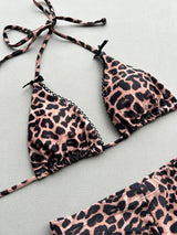 Leopard Print Short Bow Trim Scalloped Halter Two Piece Bikini Set