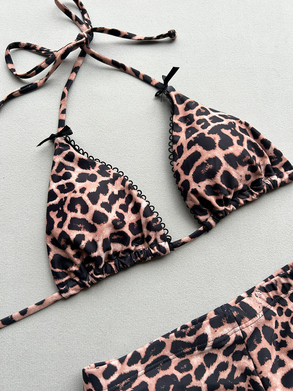 Leopard Print Short Bow Trim Scalloped Halter Two Piece Bikini Set