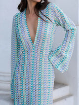Resort Scalloped V Neck Bell Sleeve Crochet Knit Maxi Dress