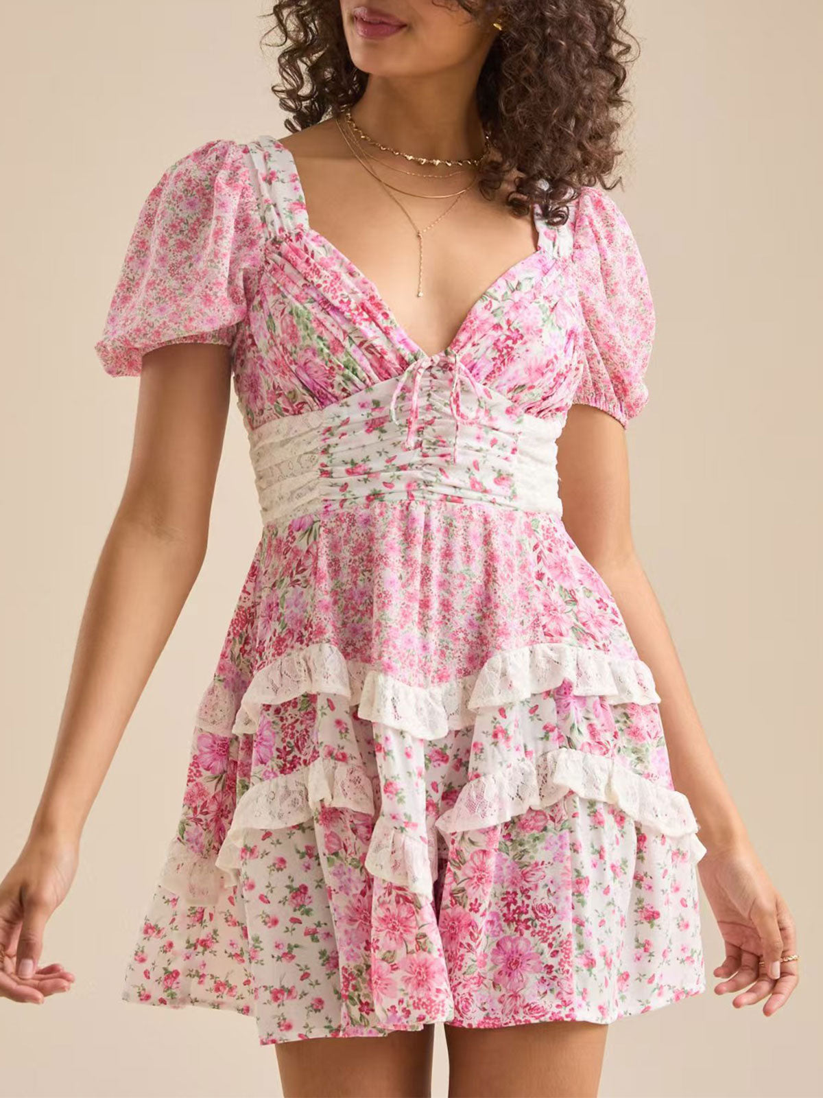Retro Floral Puff Sleeve Pleated Resort Lace Tiered Ruffle Mini Dress