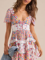 Retro Floral Puff Sleeve Pleated Resort Lace Tiered Ruffle Mini Dress
