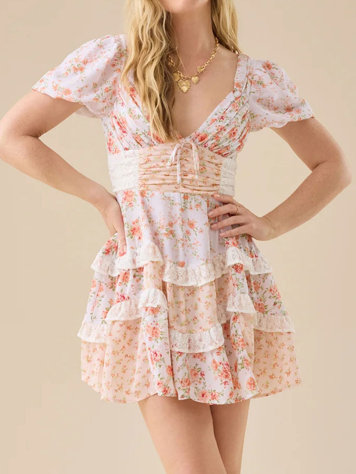 Retro Floral Puff Sleeve Pleated Resort Lace Tiered Ruffle Mini Dress