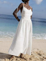 Sexy Backless V Neck Tie Shoulder Resort Linen Slip Maxi Dress