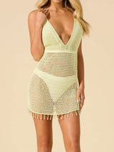 Sexy Perlenfransen tiefer V-Ausschnitt Cami Strand Häkel-Vertuschung Mini-Kleid