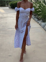 Sexy Bustier mit Puffärmeln und Schnürung hinten, Resort-Kleid mit Blumenmuster und Schlitz