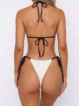 Sexy Contrast Trim Tie Side Halter Triangle Two Piece Bikini Set