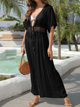 Sexy Häkel-Tiefer-V-Ausschnitt Kurzarm Wickelkleid Strand Chiffon Midi Cover-Up