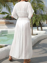 Sexy Häkel-Tiefer-V-Ausschnitt Kurzarm Wickelkleid Strand Chiffon Midi Cover-Up