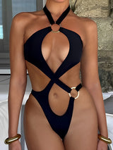 Sexy High Leg Cutout Sparkly Metallic Ring Halter One Piece Swimsuit