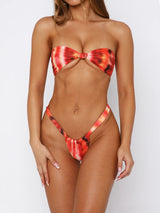 Sexy High Leg Ruched Cheeky Knot Front Bandeau Two Piece Bikini Set