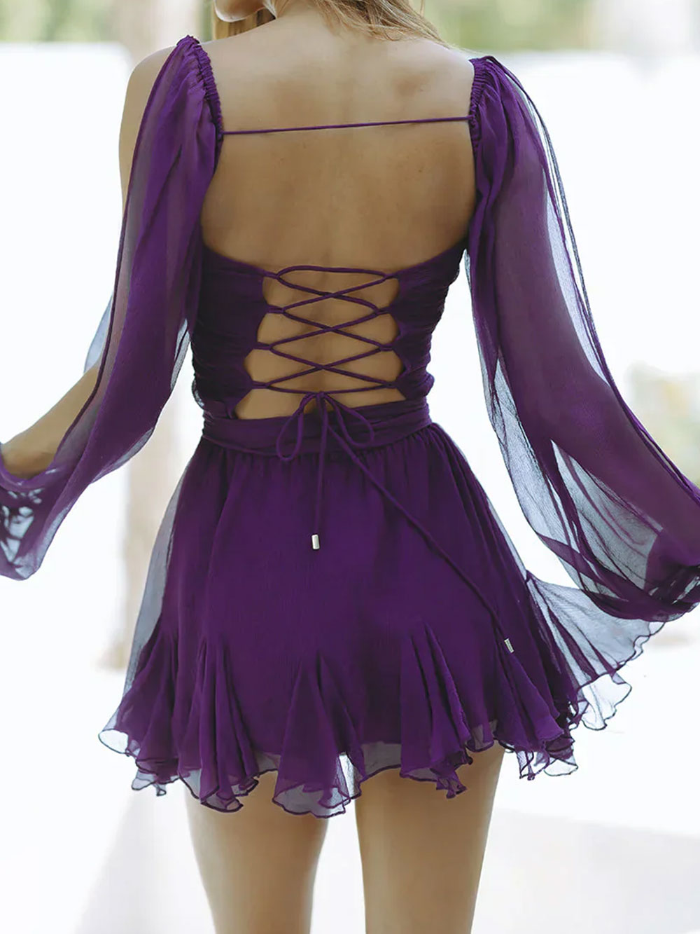 Sexy Lace Up Backless V Neck Split Sleeve Resort Godet Mini Dress