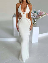 Sexy tie-backless Häkel-Strand-Maxikleid mit tiefem Ausschnitt