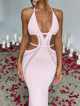 Sexy tie-backless Häkel-Strand-Maxikleid mit tiefem Ausschnitt