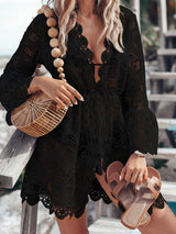 Sexy Scalloped Deep V 3/4 Sleeve Beach Floral Lace Cover Up Tunic