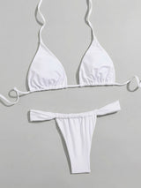 Sexy Solid Color High Cut Ruched Cheeky Halter Two Piece Bikini Set