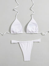 Sexy Solid Color High Cut Ruched Cheeky Halter Two Piece Bikini Set