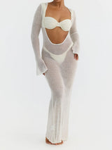 Transparenter Strick-Cover-Up High-Cut Geraffter Bügel-Bikini im Dreiteiler-Set