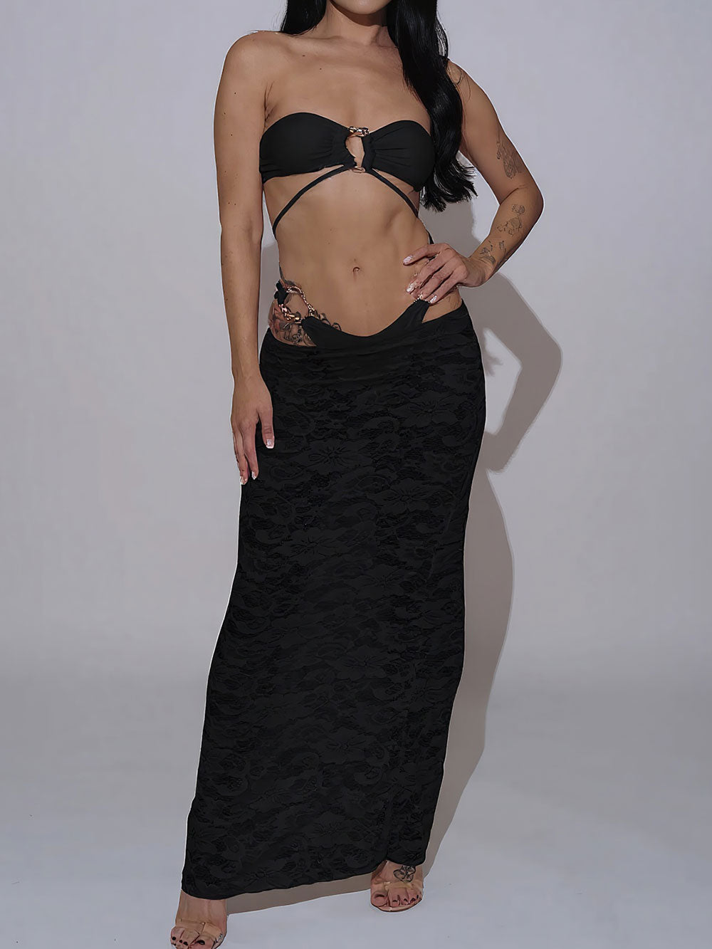 Sheer Skirt Sparkly Ring High Cut Bow Tie Bandeau Three Piece Bikini Set