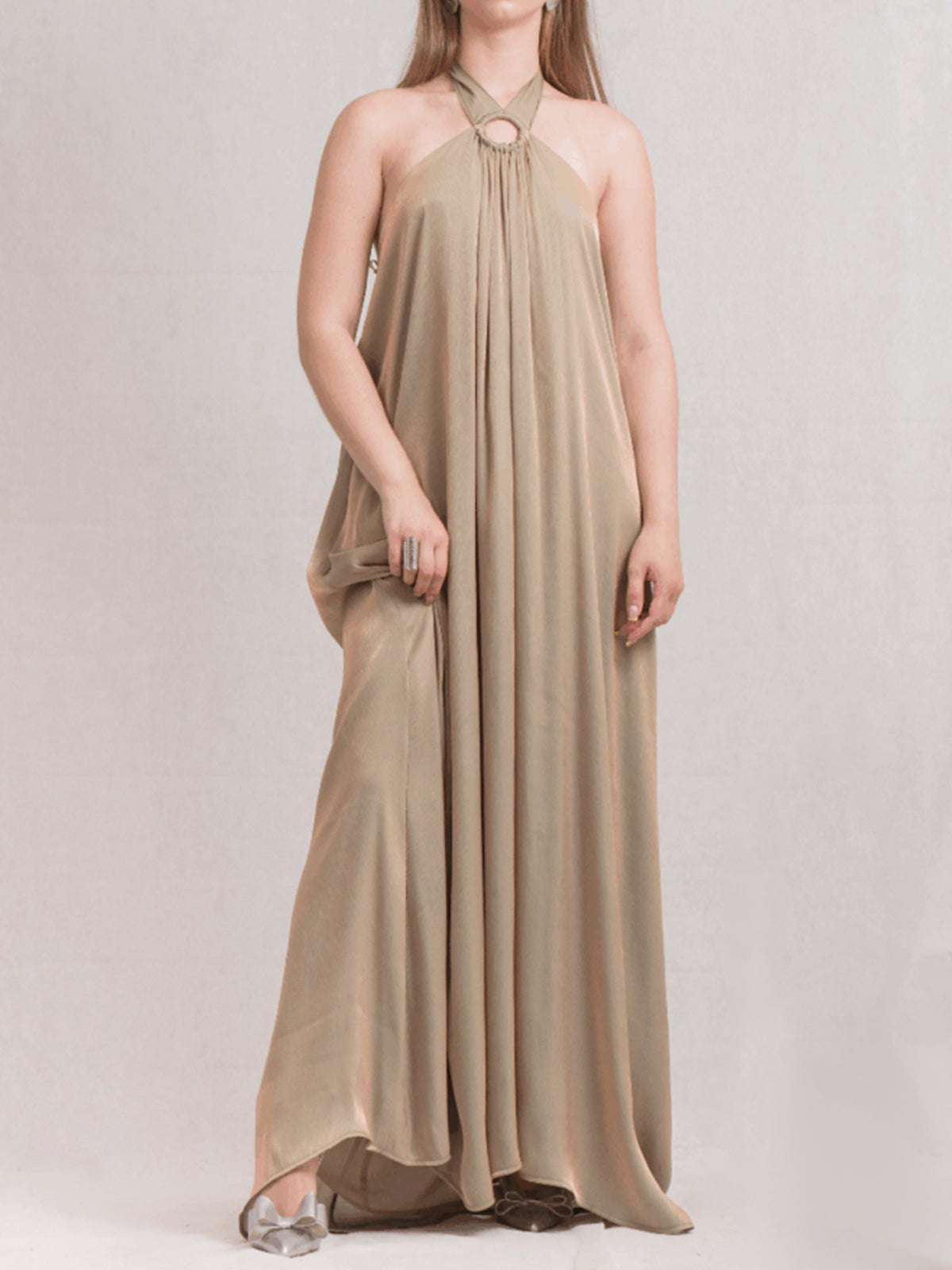 Glitzerndes O-Ring Neckholder Resort Oversized A-Linien Maxikleid