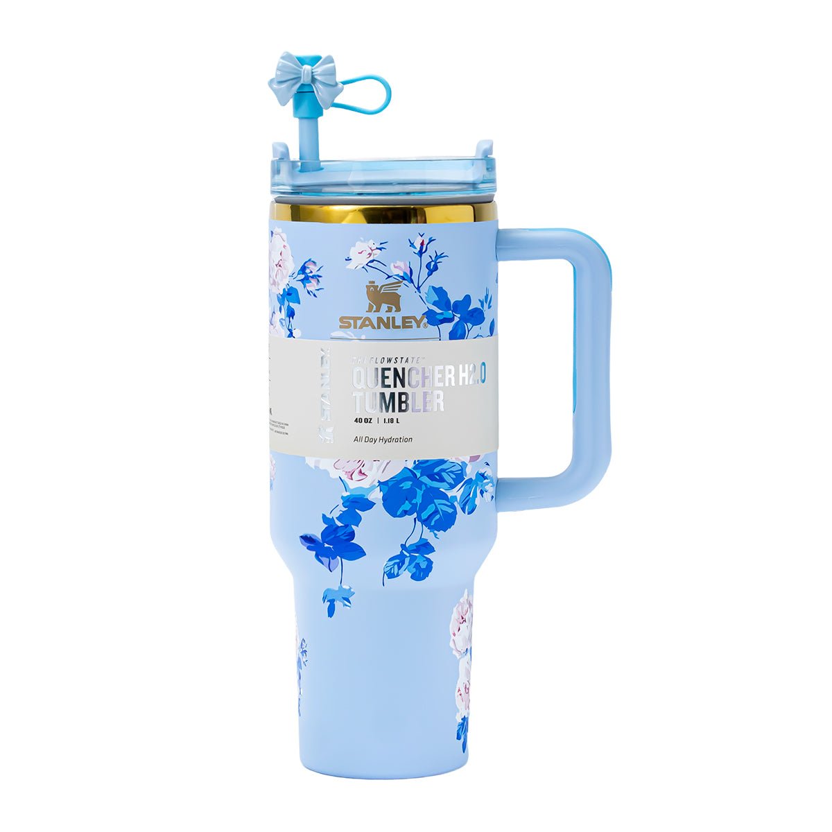 Stanley Quencher H2.0 Tumbler in a blue floral pattern with a straw lid and handle, presented against a white background.