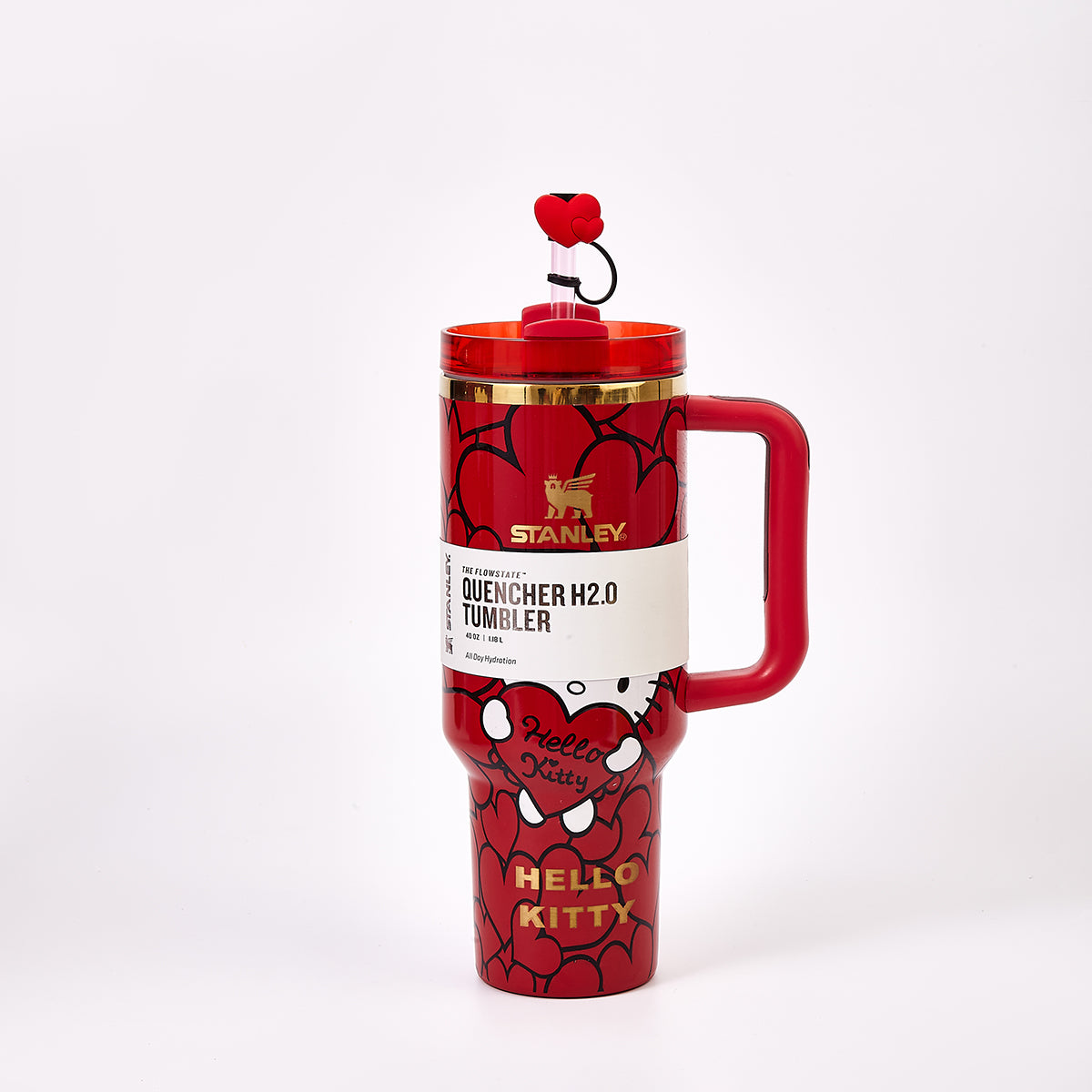 Stanley x Hello Kitty Quencher H2.0 Tumbler in red with heart pattern and Hello Kitty graphic