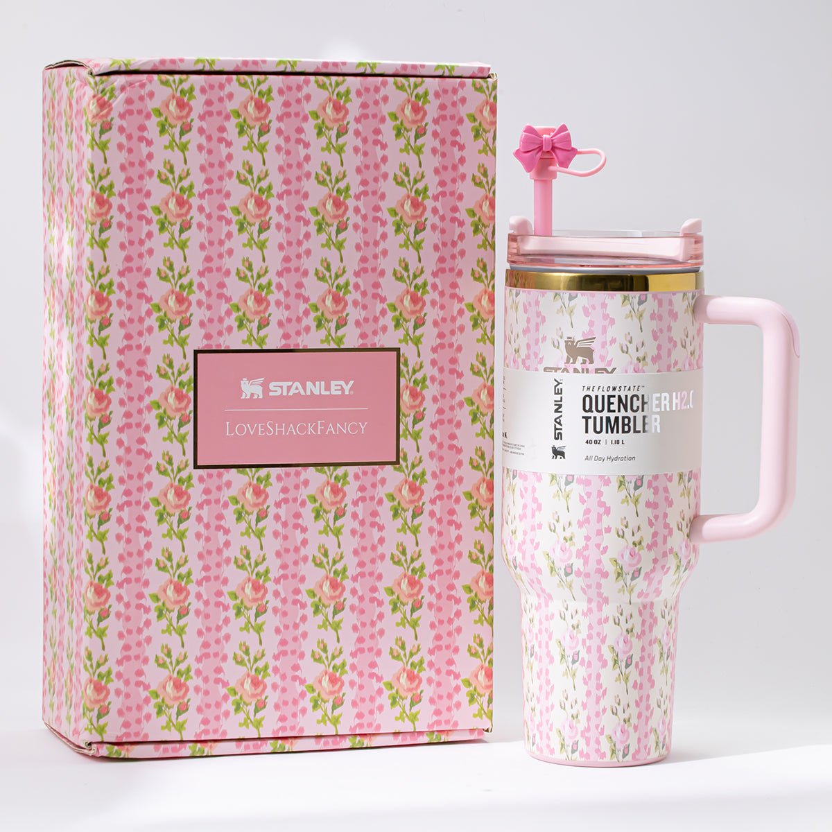 Stanley x LoveShackFancy Quencher H2.0 FlowState Tumbler and gift box, pink floral print