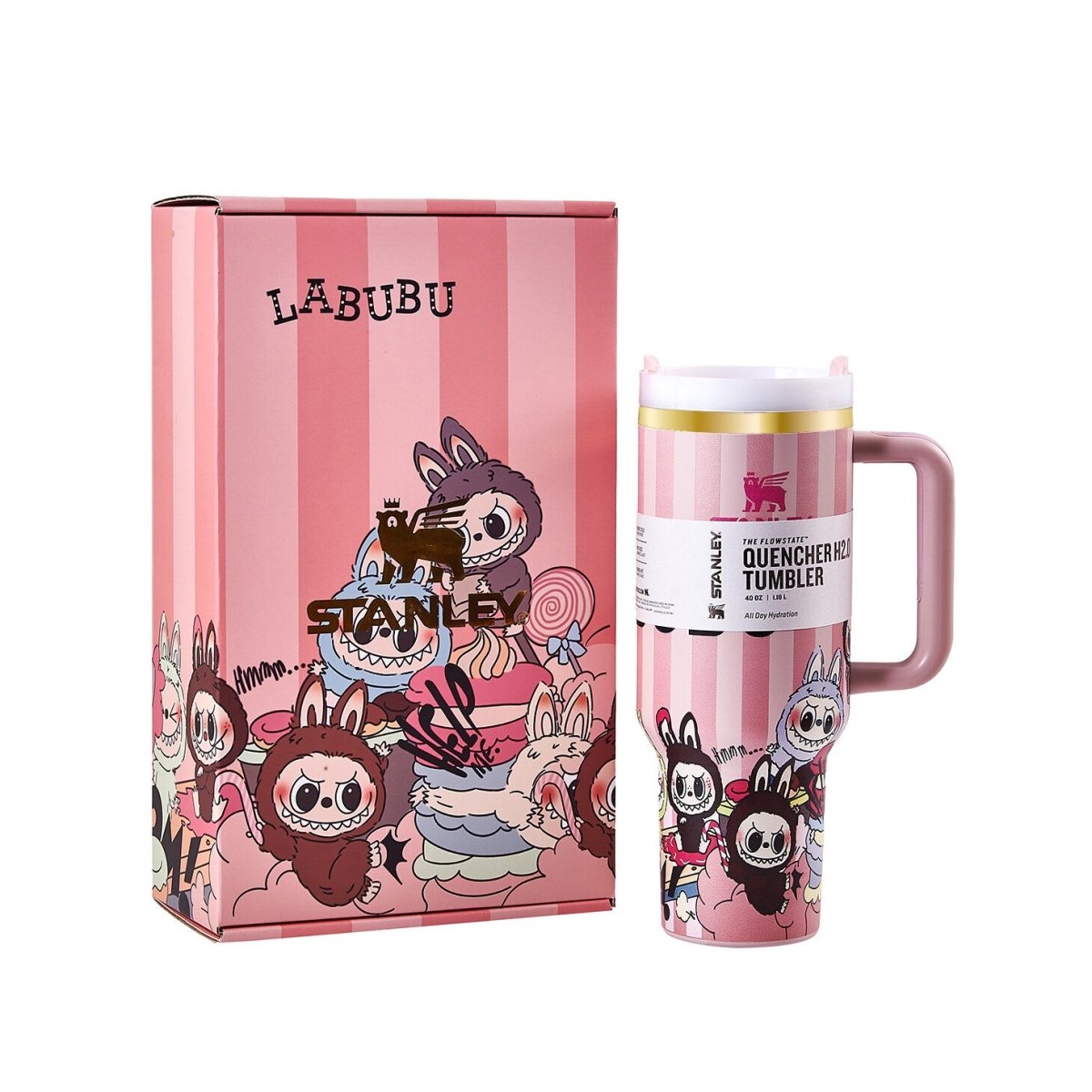 Stanley x Labubu Quencher H2.0 Tumbler and its collectible packaging, both adorned with pink stripes and cartoon graphics.
