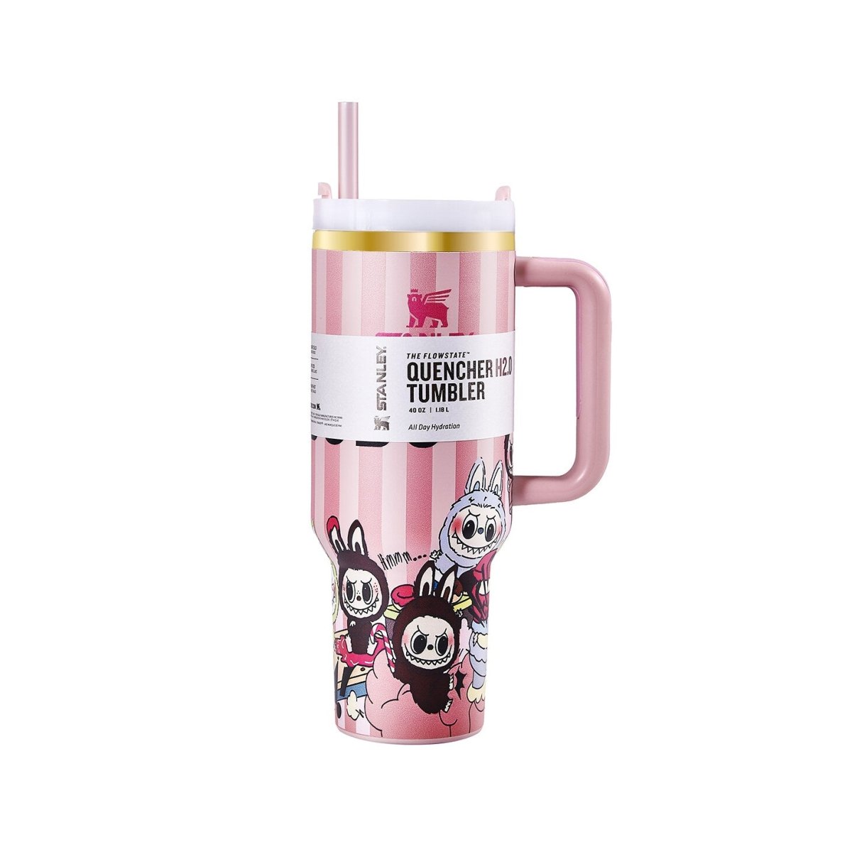 Close-up of the Stanley x Labubu Quencher H2.0 Tumbler with the straw inserted, showcasing the pink striped pattern and character art.
