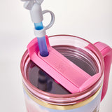Close-up of the Stanley travel tumbler lid and straw mechanism