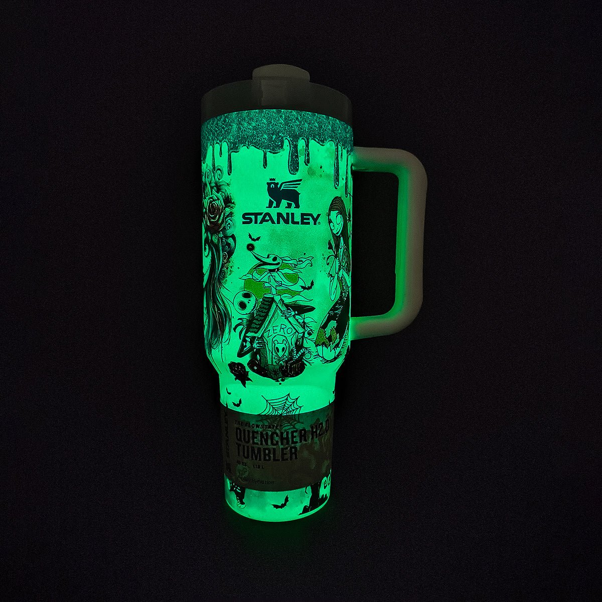 Glow-in-the-dark Stanley Quencher H2.0 Tumbler with The Nightmare Before Christmas theme