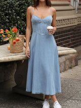Summery V Neck Smocked Back Resort Fit and Flare Slip Midi Dress