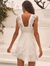 Swing Bow Tie Deep V Neck Smocked Resort Lace Trim Mini Sundress