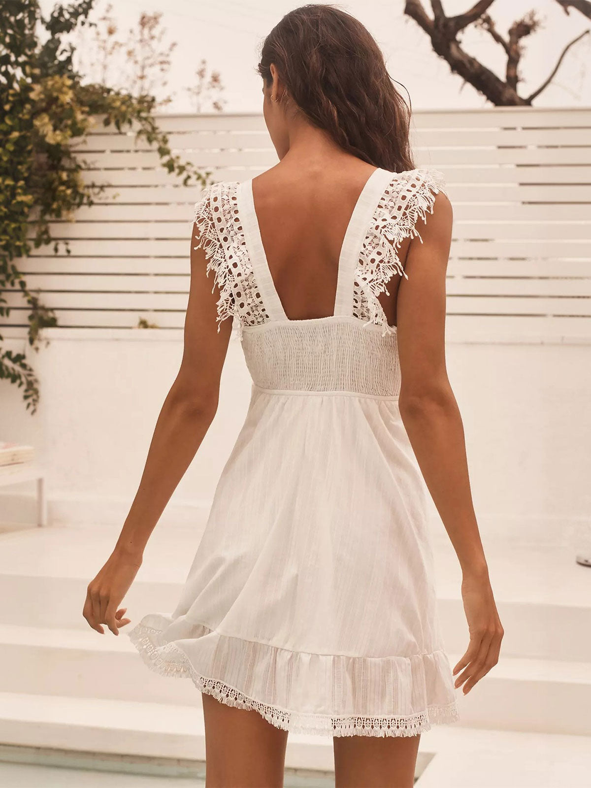 Swing Bow Tie Deep V Neck Smocked Resort Lace Trim Mini Sundress