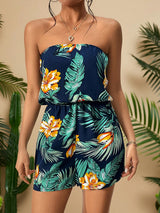 Ärmelloser Resort-Jumpsuit mit tropischem Blumenprint und geraffter Zierleiste