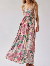 Maxikleid mit tropischem Blumendruck, eckigem Ausschnitt, A-Linie und Biesen, Resort