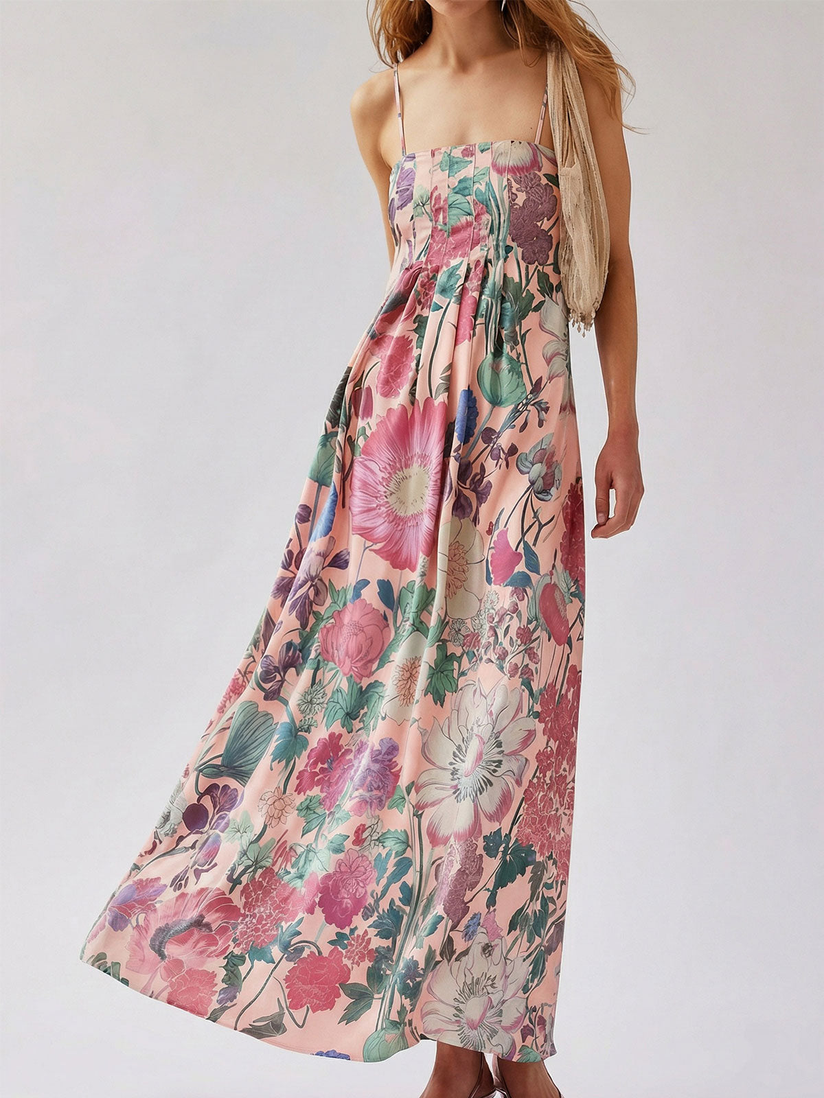 Maxikleid mit tropischem Blumendruck, eckigem Ausschnitt, A-Linie und Biesen, Resort