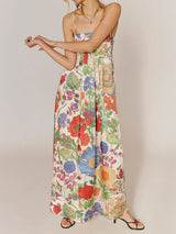 Maxikleid mit tropischem Blumendruck, eckigem Ausschnitt, A-Linie und Biesen, Resort