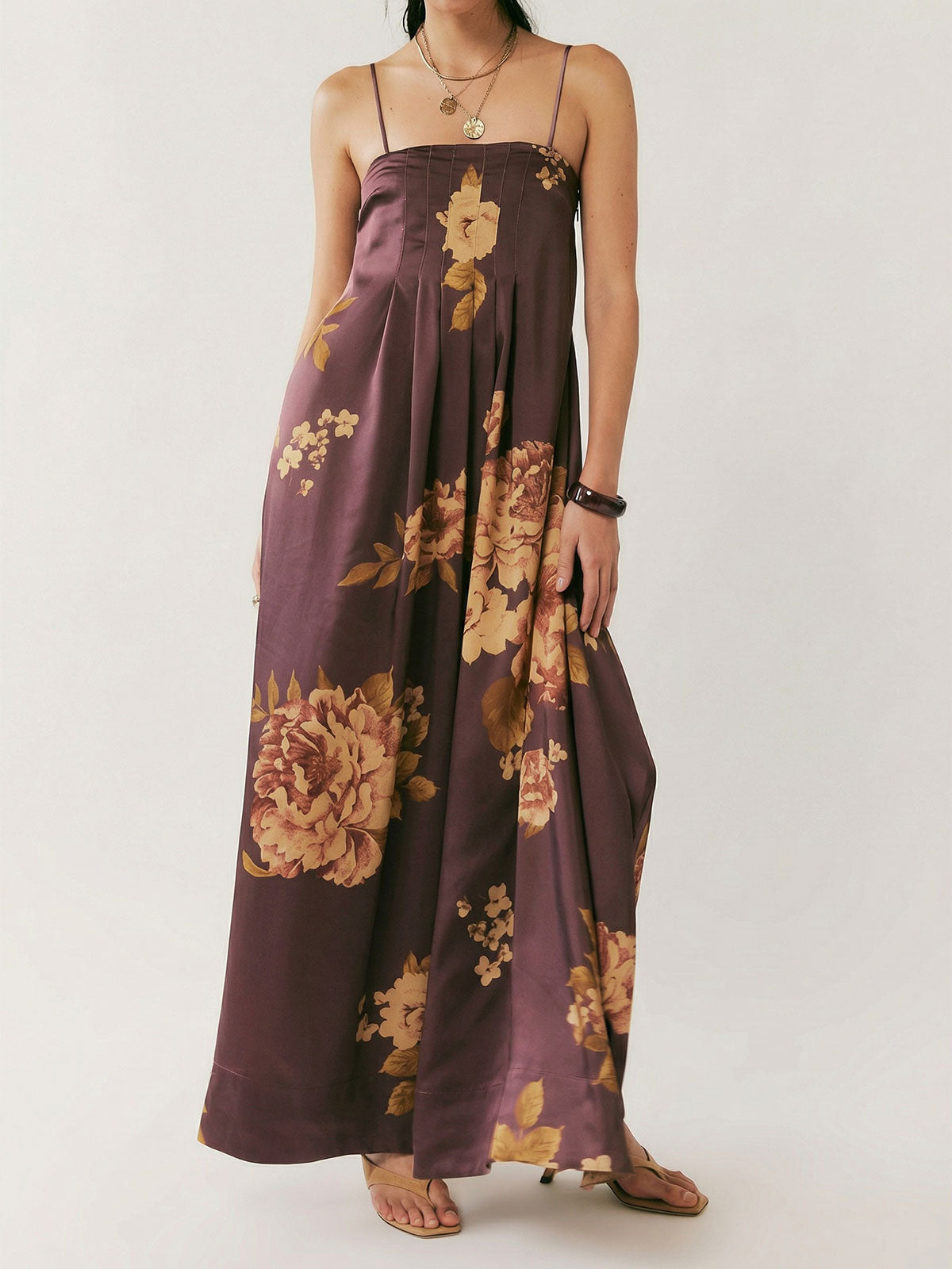 Maxikleid mit tropischem Blumendruck, eckigem Ausschnitt, A-Linie und Biesen, Resort
