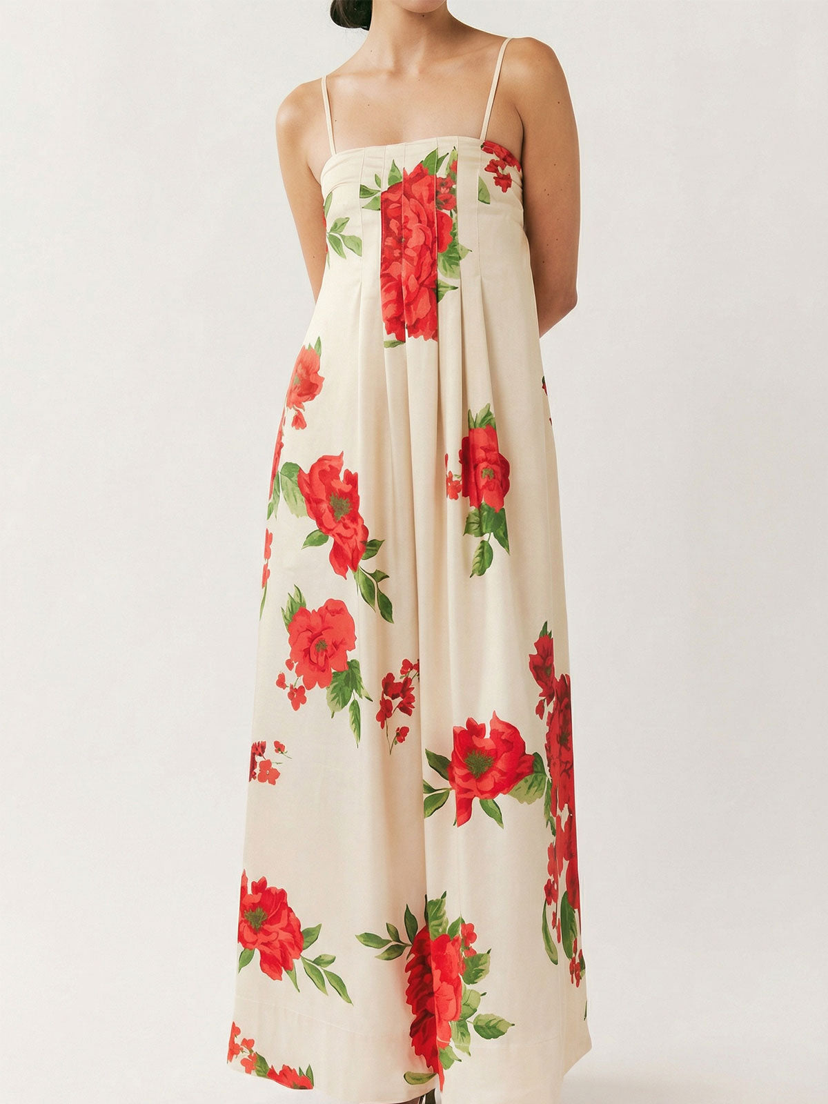 Maxikleid mit tropischem Blumendruck, eckigem Ausschnitt, A-Linie und Biesen, Resort