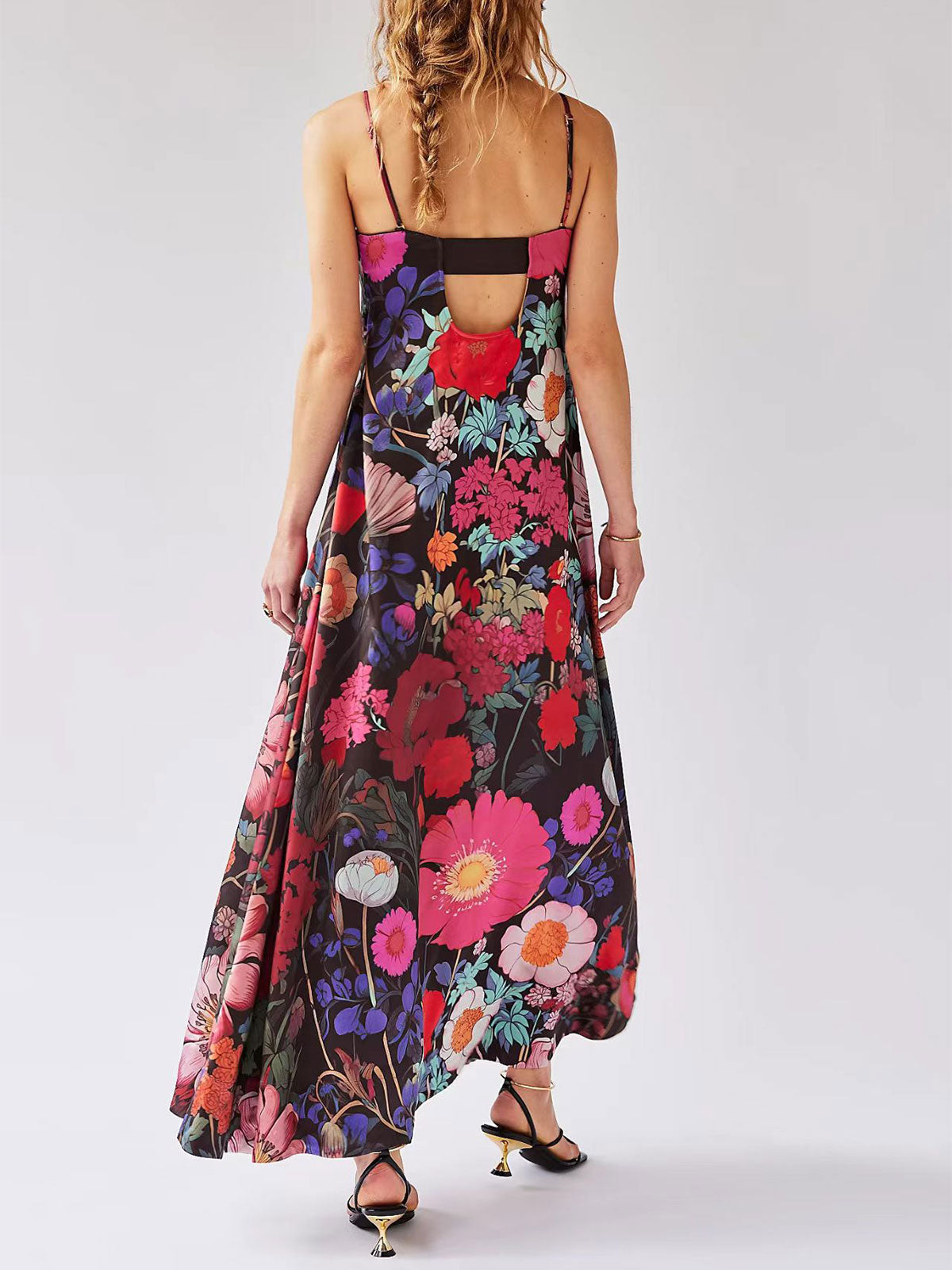 Maxikleid mit tropischem Blumendruck, eckigem Ausschnitt, A-Linie und Biesen, Resort