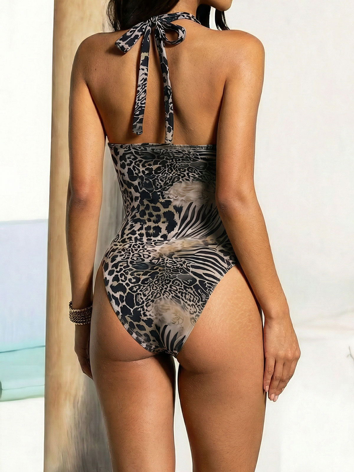 Unique Animal Print Beaded Cutout Plunge Halter One Piece Swimsuit